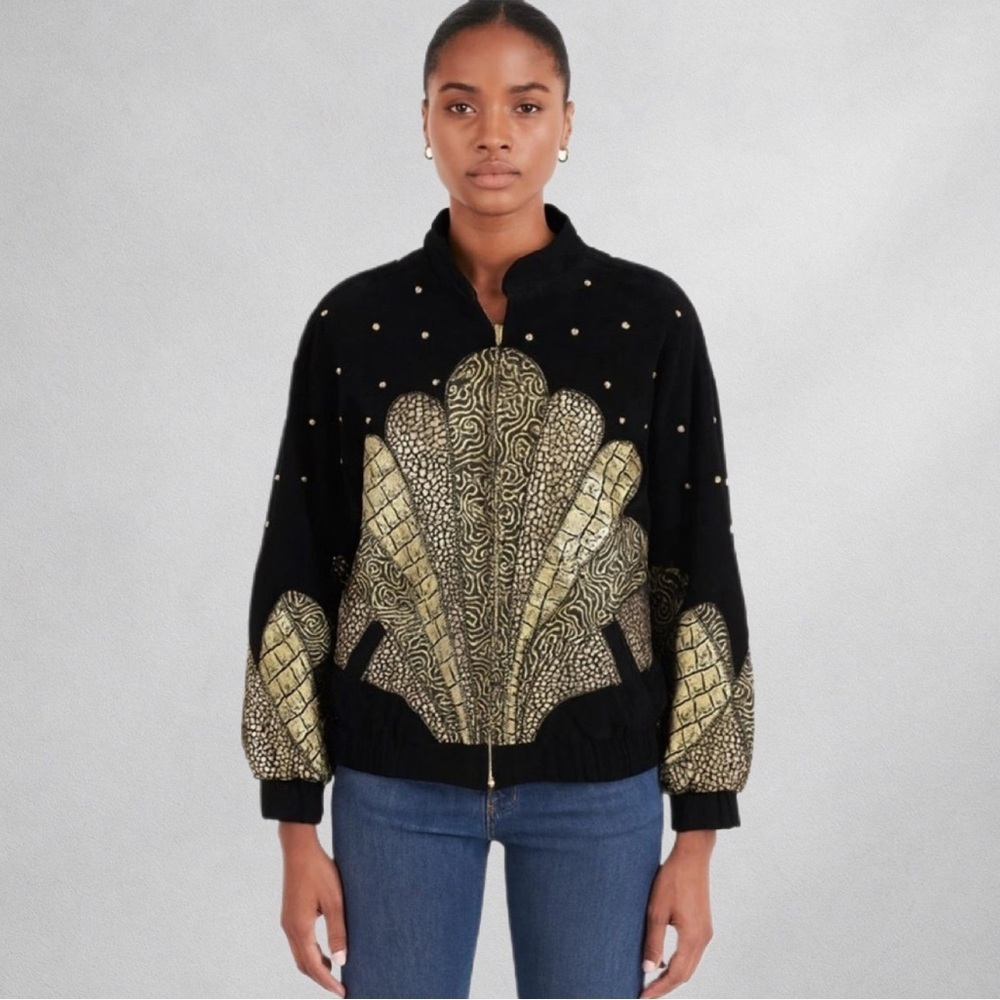 Julian K. Vintage Black & Gold Woman’s Leather Bomber Jacket M Art Deco Style